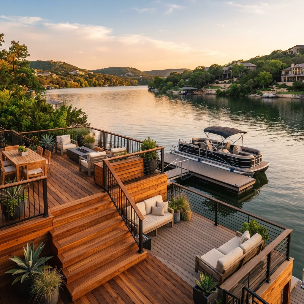 A custom waterfront cedar deck built by Austin Texas Decks overlooking Lake Austin, with a BoatX pontoon boat docked below